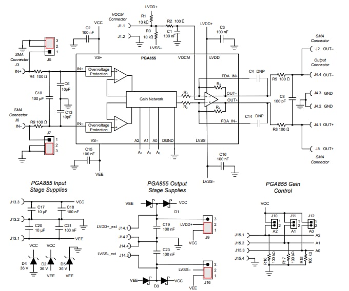 回路図 - Texas Instruments PGA855EVM 評価モジュール